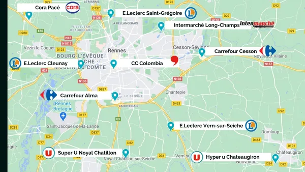 Analyse Géographique #2 | Les supermarchés / hypermarchés les plus visibles sur Facebook à Rennes